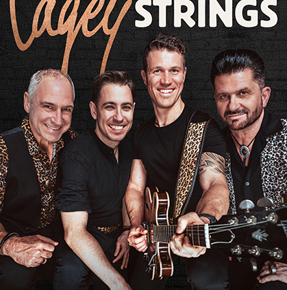 Bandfoto der Cagey Strings mit Partyrock-n-Roller-Schriftzug für Live-Auftritte im Gasthof Hinterbrühl